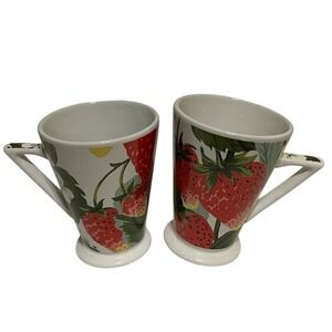 Baum Brothers Vintage Strawberry Design Triangular Handle Coffee Mugs Set of 2